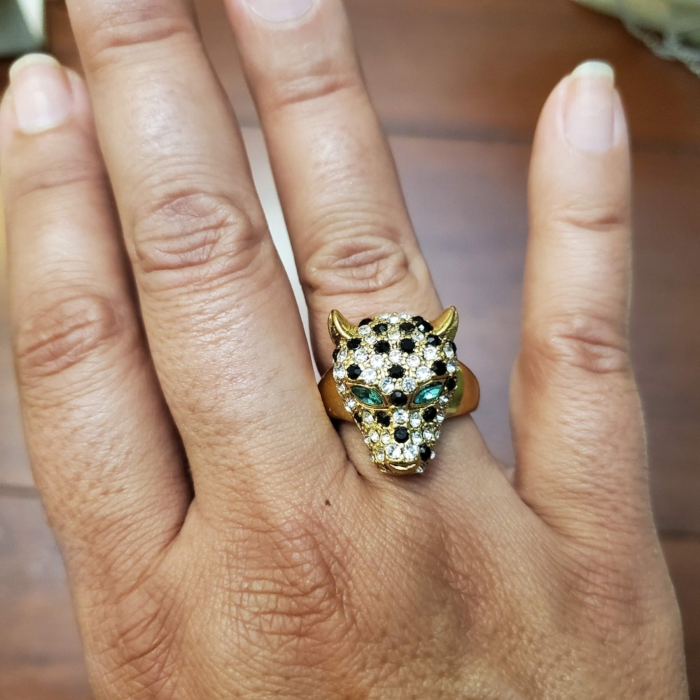 Gold Tiger Ring with Black and Green Crystals